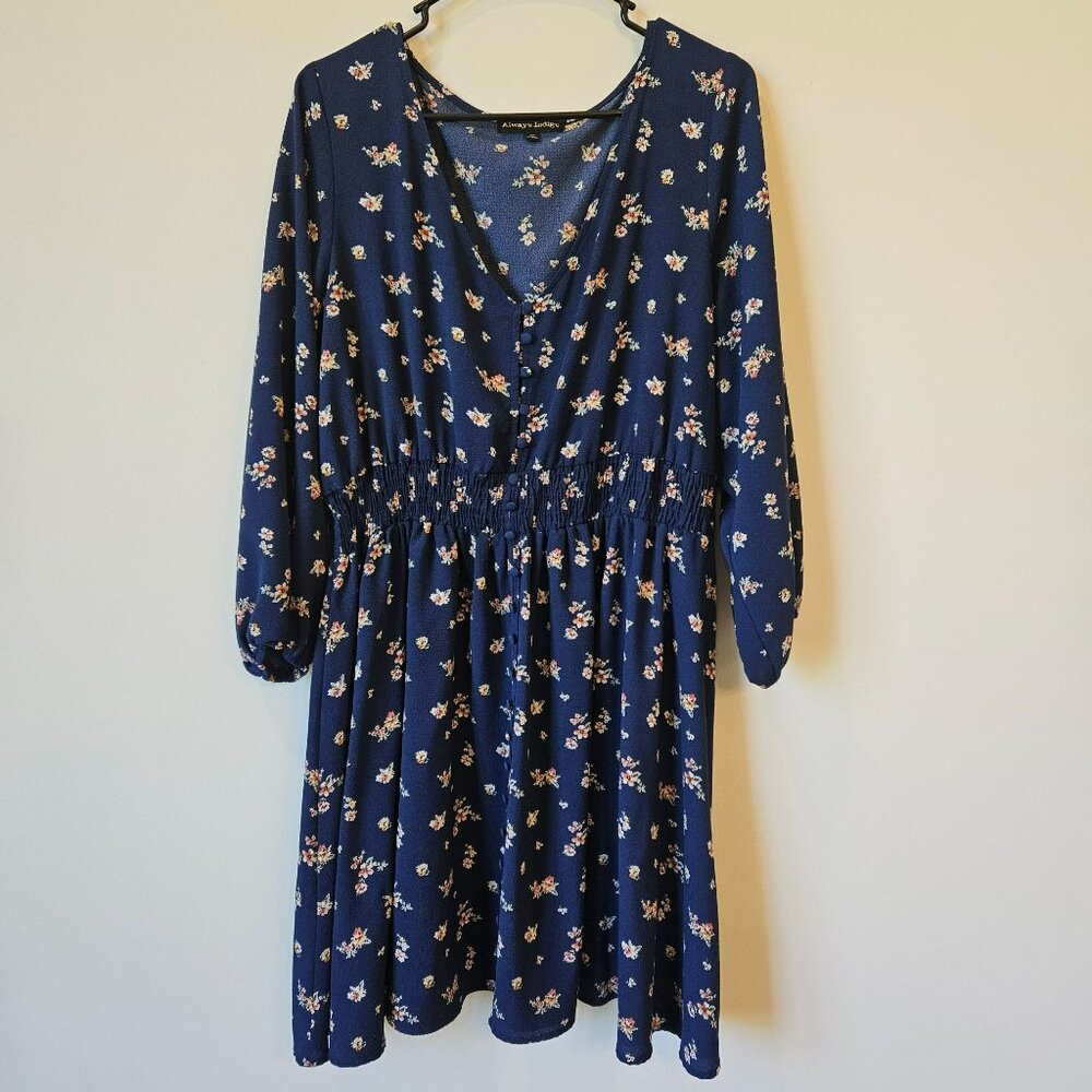 Always Indigo Navy Floral Long Sleeve Button-Down Dress 2X Whimsey print